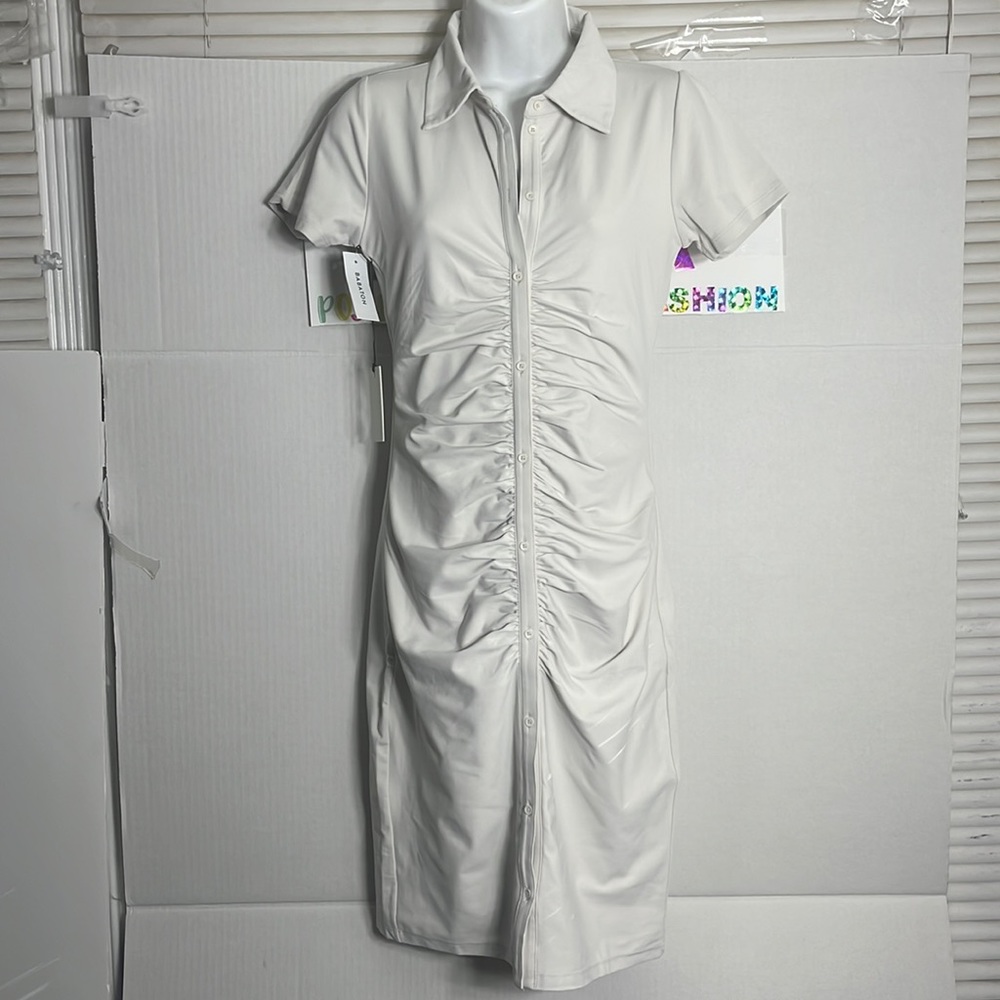 Babaton White Ruched Front Shirt Dress